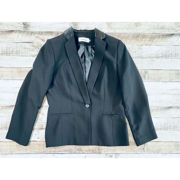 Calvin Klein Tailored Slender Lapel One Button Crepe Black Blazer Jacket sz 14